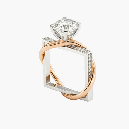 Two-tone diamond ring with rose gold and white gold on a white background