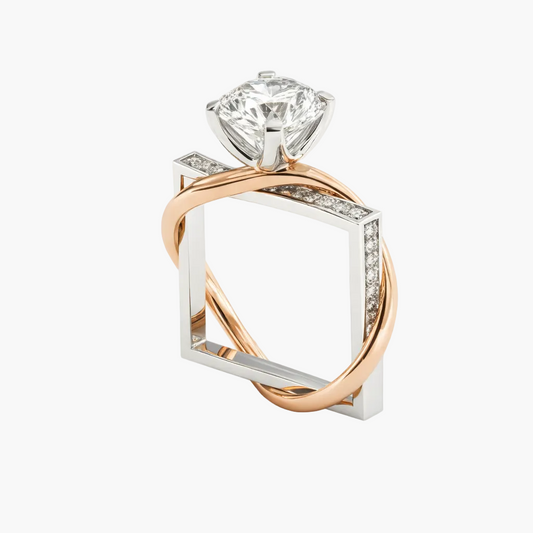 Two-tone diamond ring with rose gold and white gold on a white background