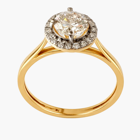 Gold ring with a diamond on a white background