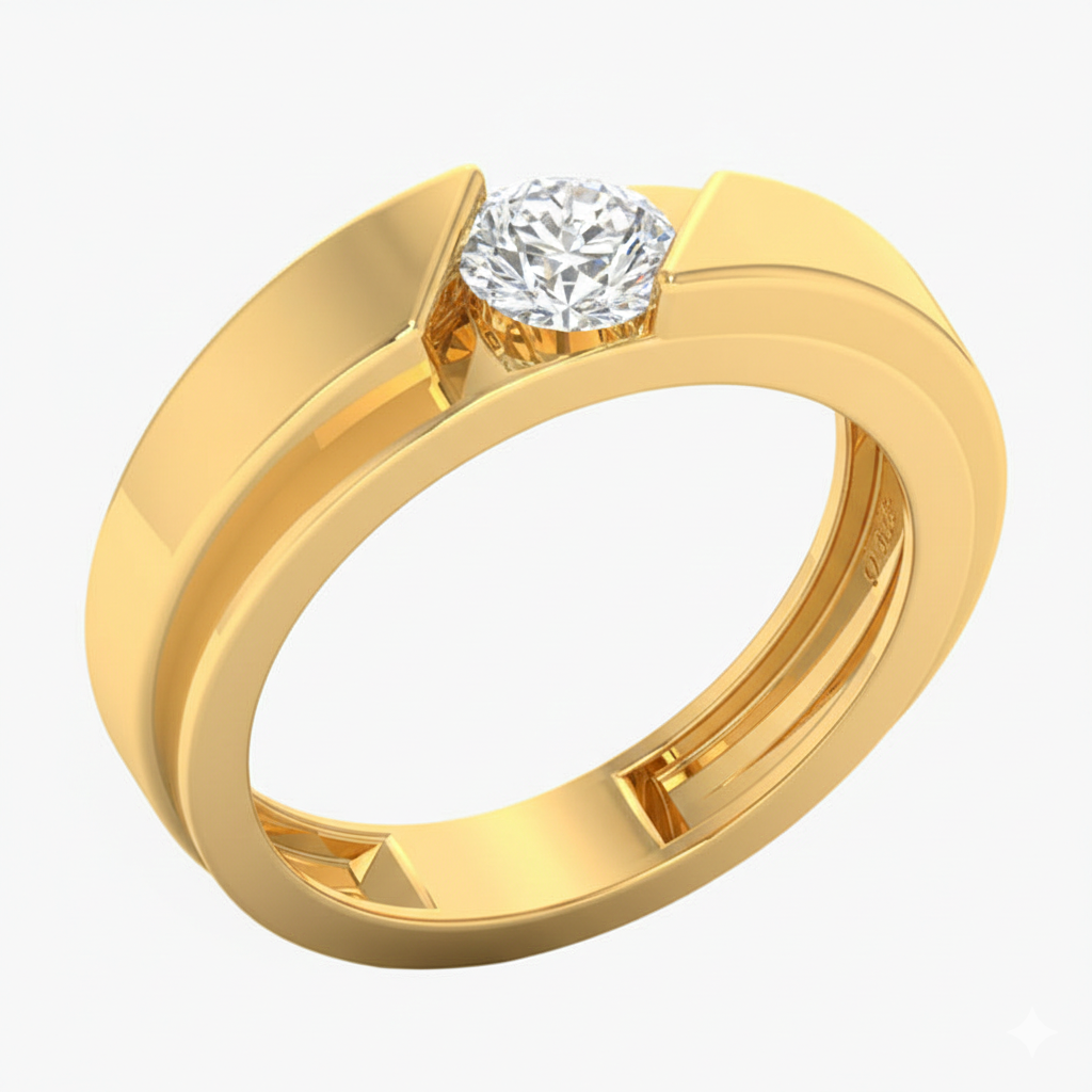 Gold ring with a diamond on a white background