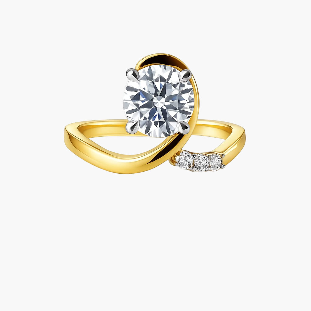 Gold ring with a large diamond and smaller diamonds on the band against a white background