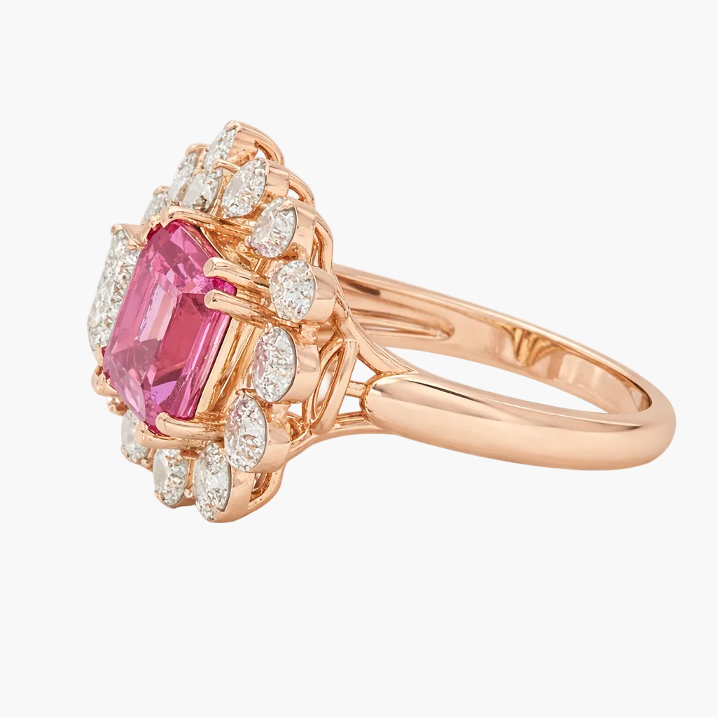 Rose gold ring with a pink gemstone and diamond accents on a white background