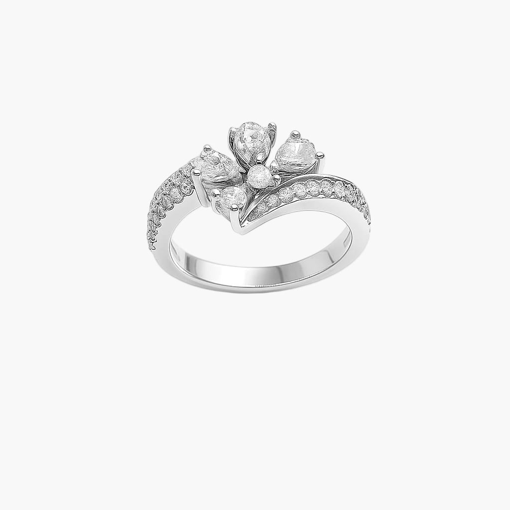 Silver ring with diamond accents on a white background