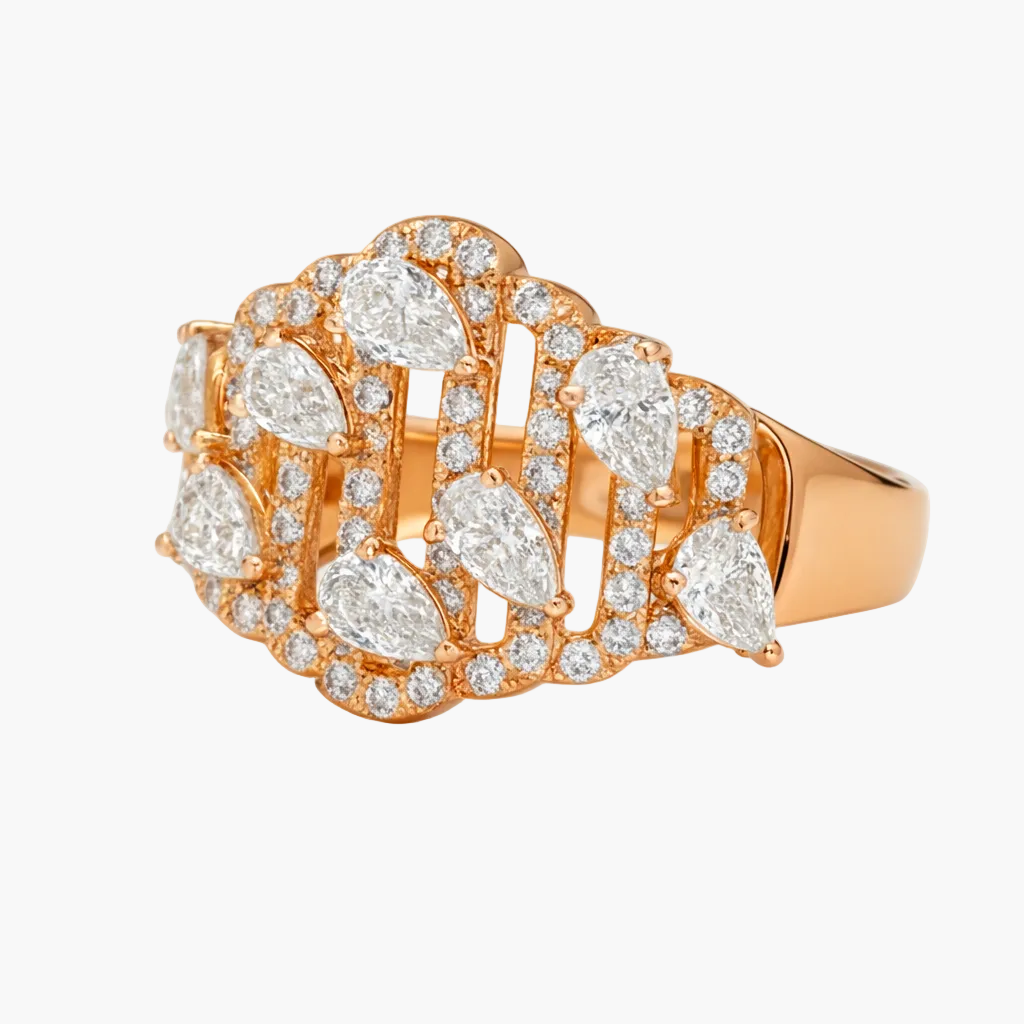 Rose gold ring with diamond accents on a white background