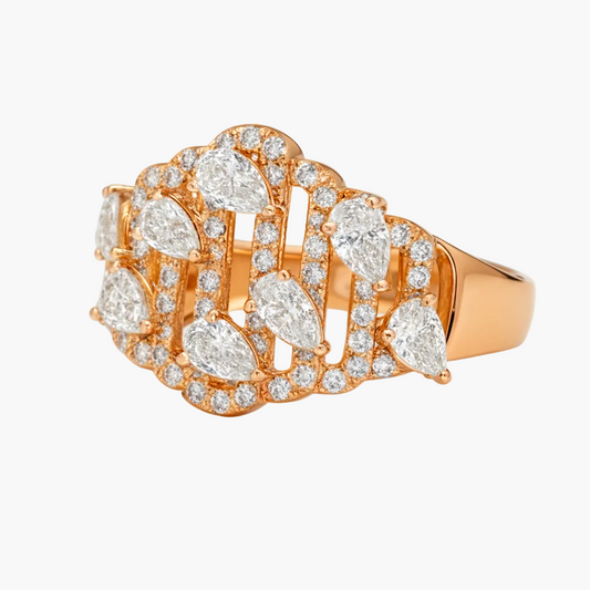 Rose gold ring with diamond accents on a white background