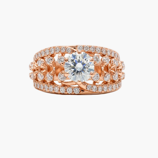 Rose gold ring with a large diamond and smaller diamonds on a white background