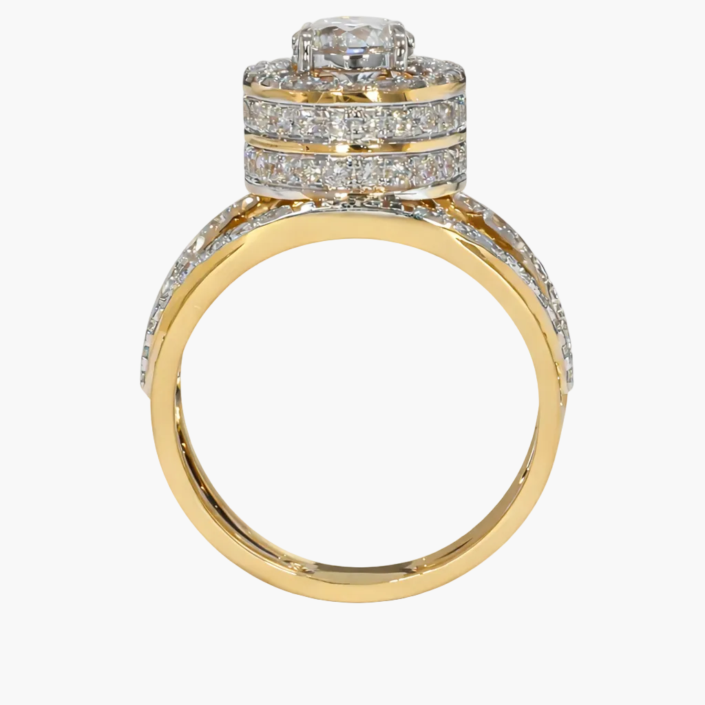 Gold ring with diamond accents on a white background