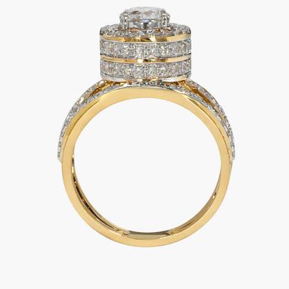 Gold ring with diamond accents on a white background