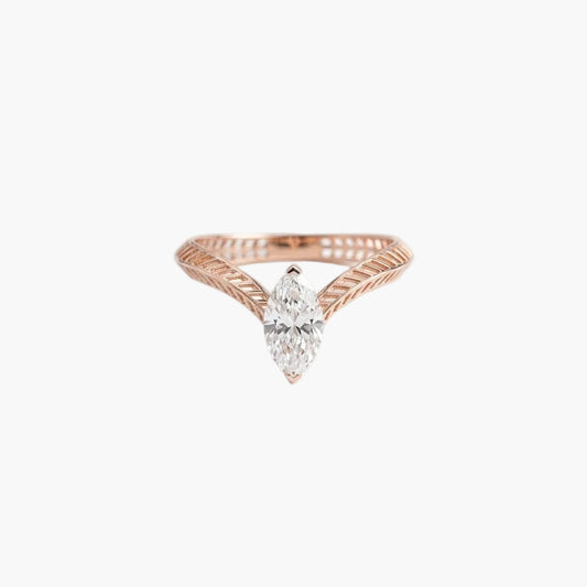 Rose gold ring with a diamond on a light gray background