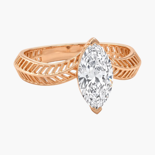 Rose gold ring with a large diamond on a white background