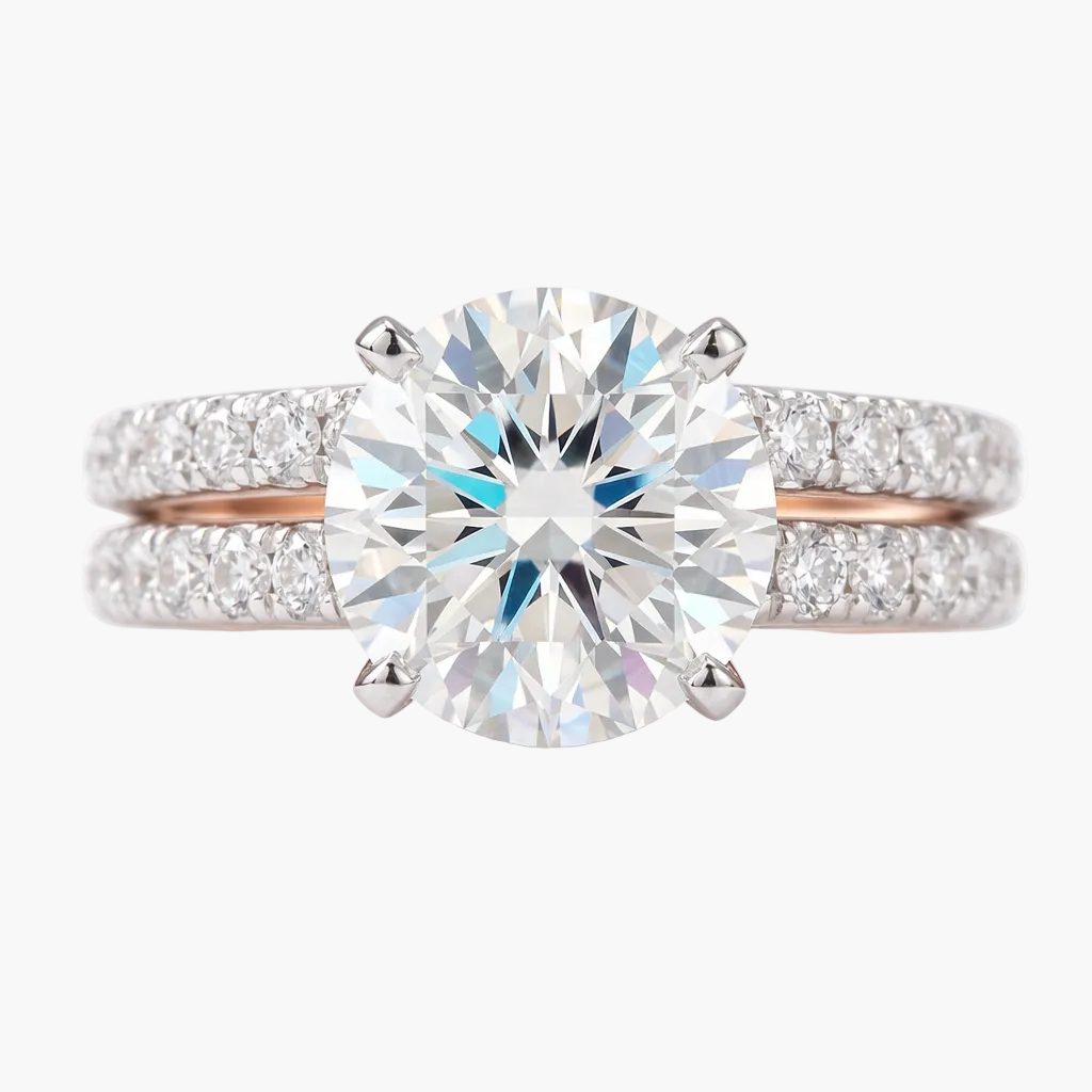 Diamond ring with a large central gemstone and smaller diamonds on a white background