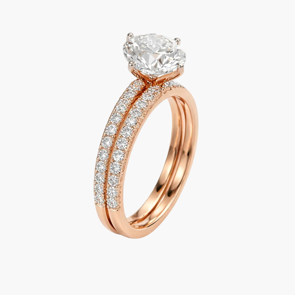 Rose gold ring with a large diamond and smaller diamonds on the band against a white background