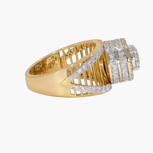 Gold ring with diamond accents on a white background