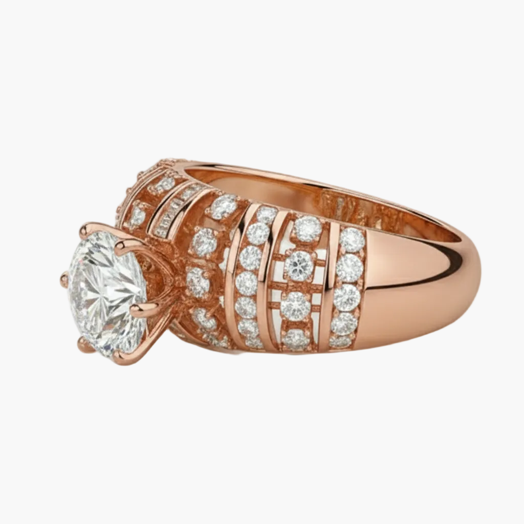 Rose gold ring with diamond accents on a white background