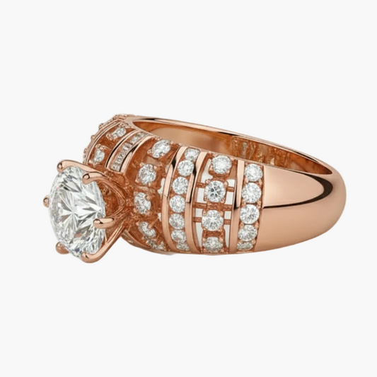 Rose gold ring with diamond accents on a white background