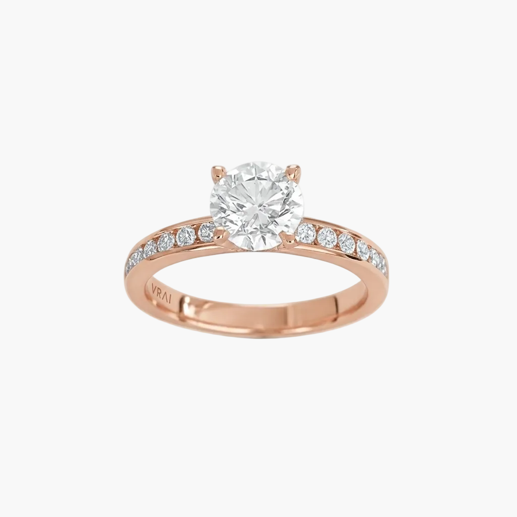 Rose gold ring with a diamond on a white background