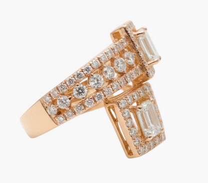 Rose gold ring with diamond accents on a white background