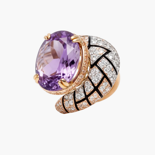 Ring with purple gemstone and diamond-studded band on a white background