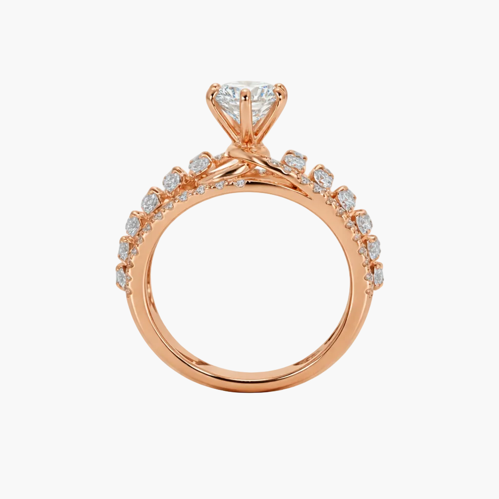 Rose gold ring with diamond accents on a white background