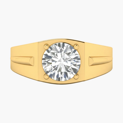 Gold ring with a large diamond on a white background