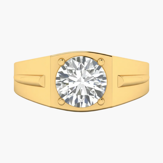Gold ring with a large diamond on a white background