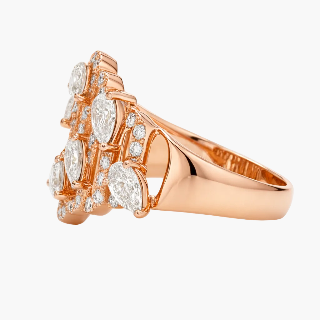 Rose gold ring with diamonds on a white background