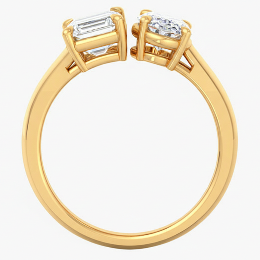 Gold ring with two diamonds on a white background