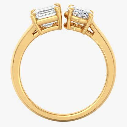 Gold ring with two diamonds on a white background