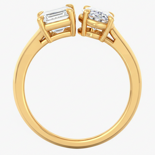 Gold ring with two diamonds on a white background