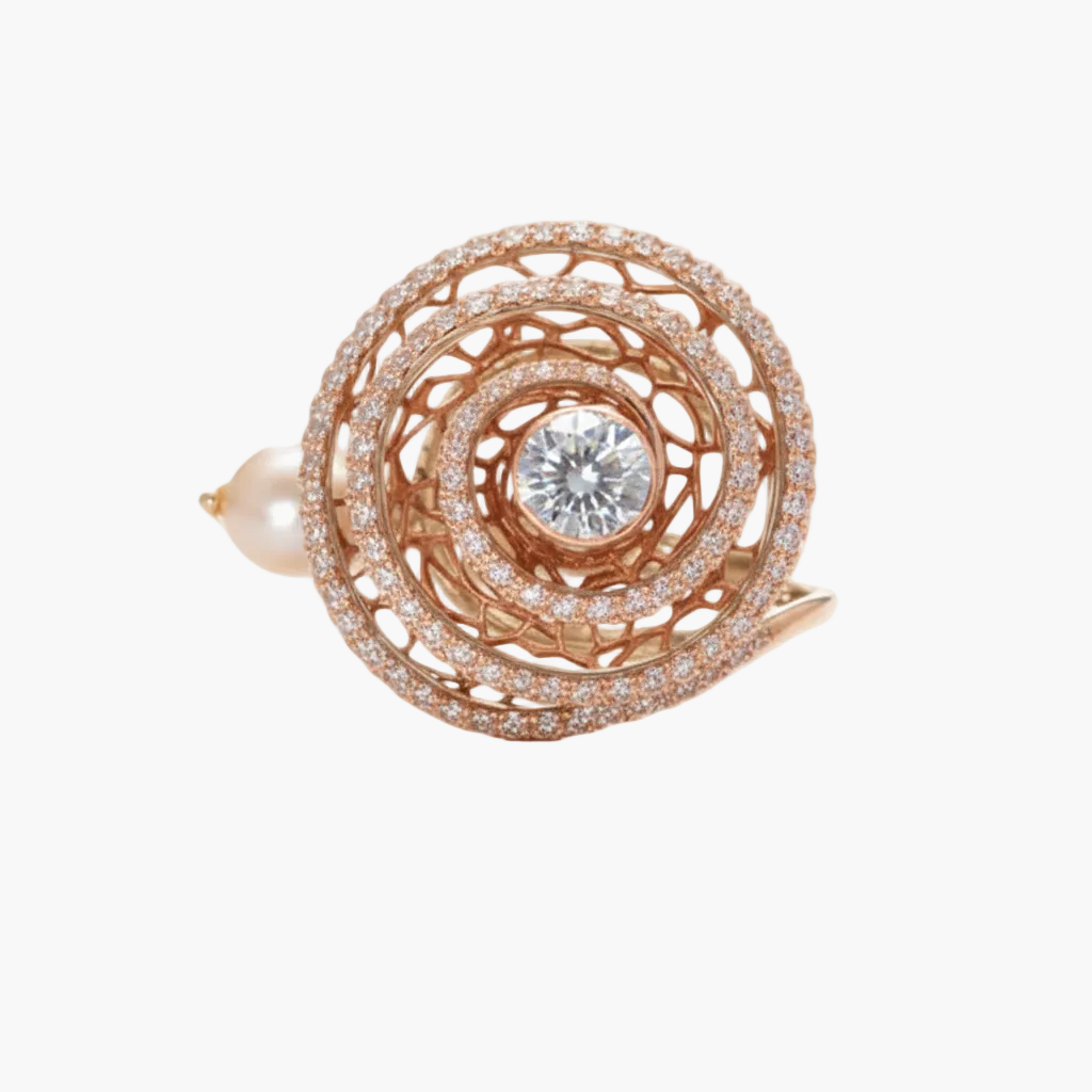 Rose gold ring with diamond center on a white background