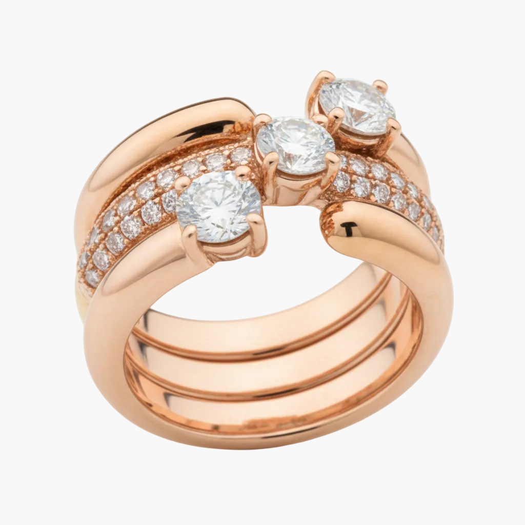 Rose gold ring with diamonds on a white background