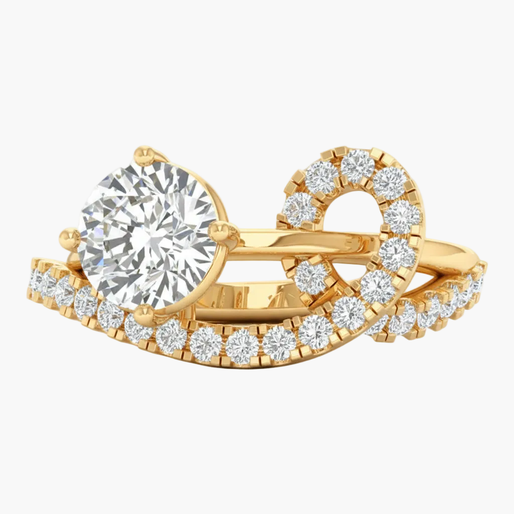 Gold ring with diamond accents on a white background
