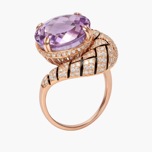 Luxury ring with a purple gemstone and rose gold band on a white background