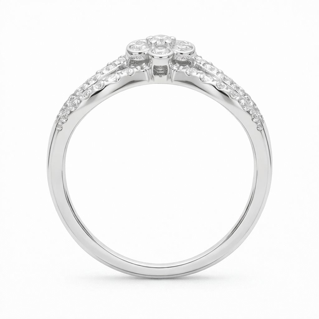 Silver ring with diamond accents on a white background