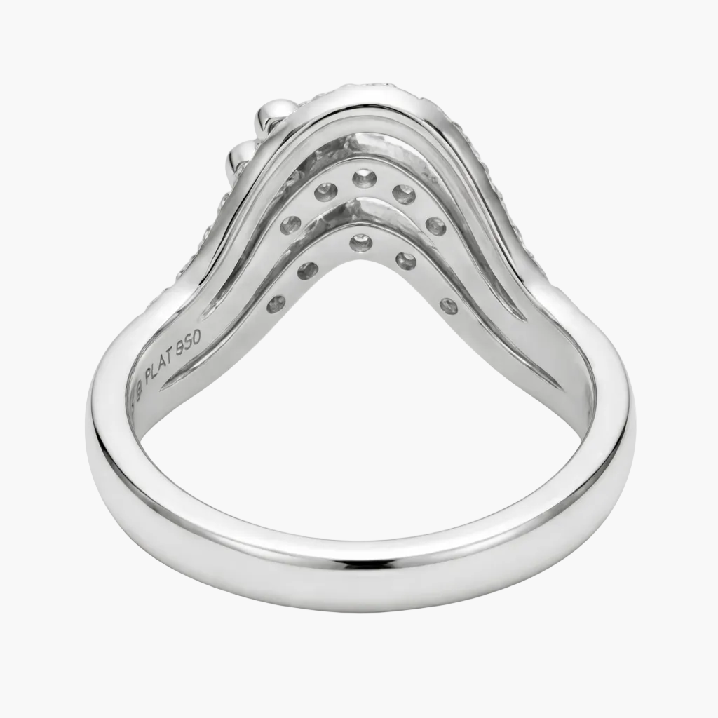 Silver ring with diamond accents on a white background
