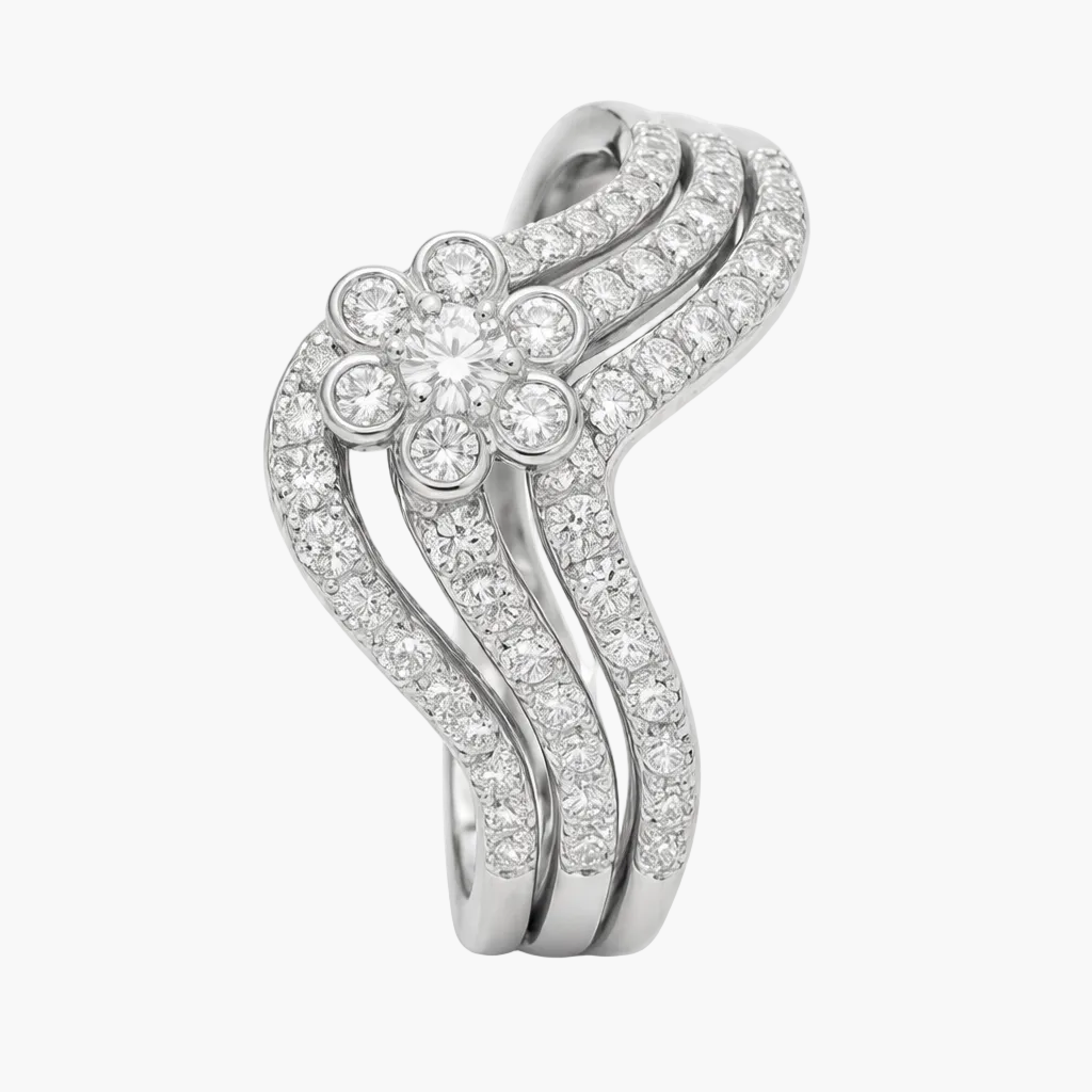 Silver ring with diamond accents on a white background