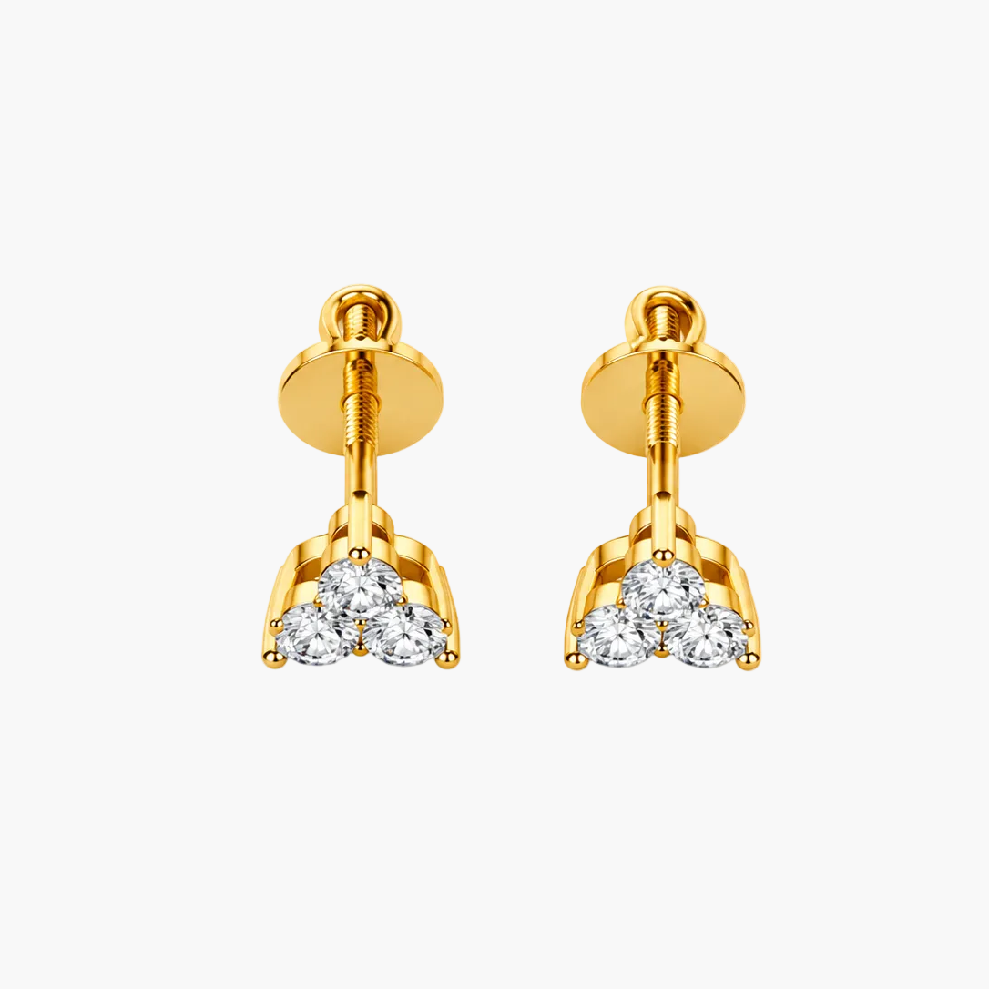 A pair of gold stud earrings with a triangular cluster of clear gemstones at the bottom, shown on a plain white background.