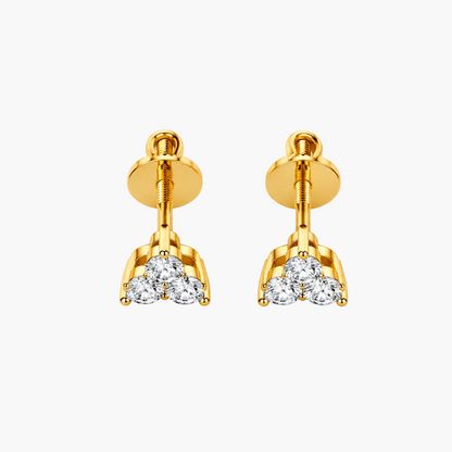 A pair of gold stud earrings with a triangular cluster of clear gemstones at the bottom, shown on a plain white background.
