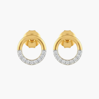 A pair of gold hoop earrings with a row of clear pavé stones along the lower half of each hoop, set against a plain white background.