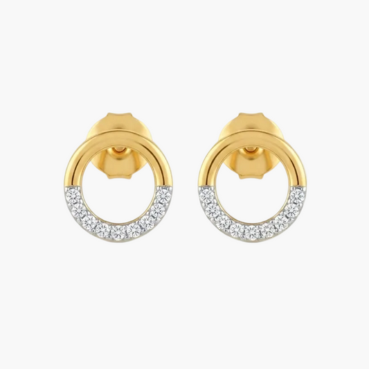 A pair of gold hoop earrings with a row of clear pavé stones along the lower half of each hoop, set against a plain white background.