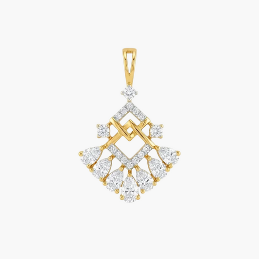 A gold pendant featuring a geometric diamond-cut design set with clear gemstones, including marquise and round-cut stones, on a plain white background.