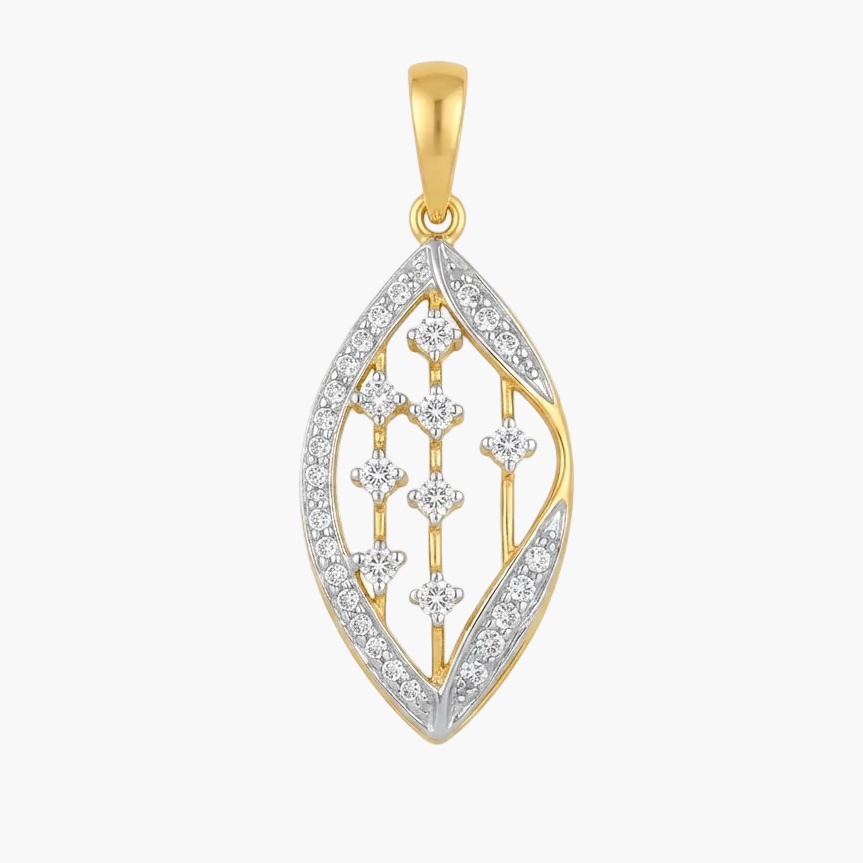 A gold and white gold pendant featuring a leaf-shaped design paved with clear stones, set against a plain white background.