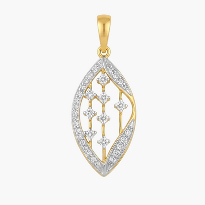 A gold and white gold pendant featuring a leaf-shaped design paved with clear stones, set against a plain white background.