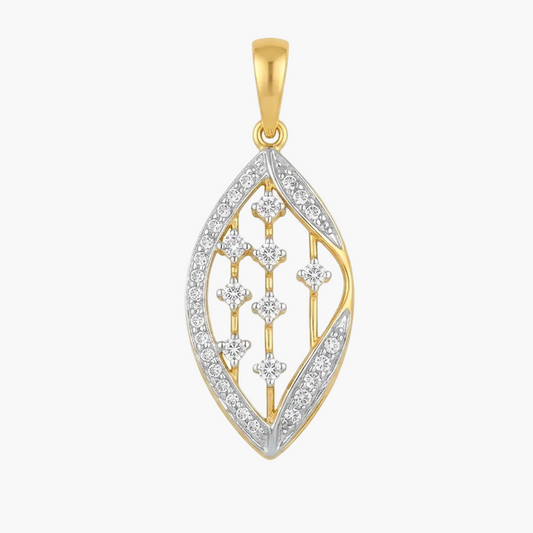 A gold and white gold pendant featuring a leaf-shaped design paved with clear stones, set against a plain white background.