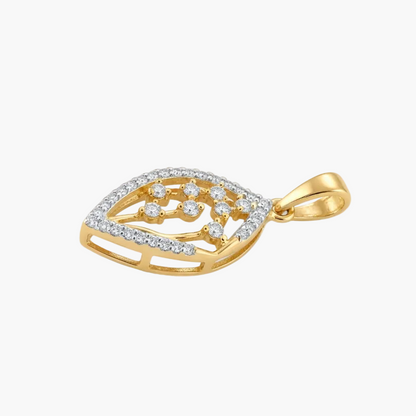 A gold pendant with a leaf-like openwork design, accented by small clear stones along the edges and center, shown on a plain white background.