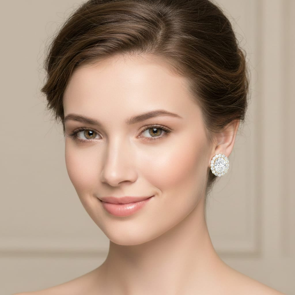 Woman wearing a sparkling earring against a neutral background