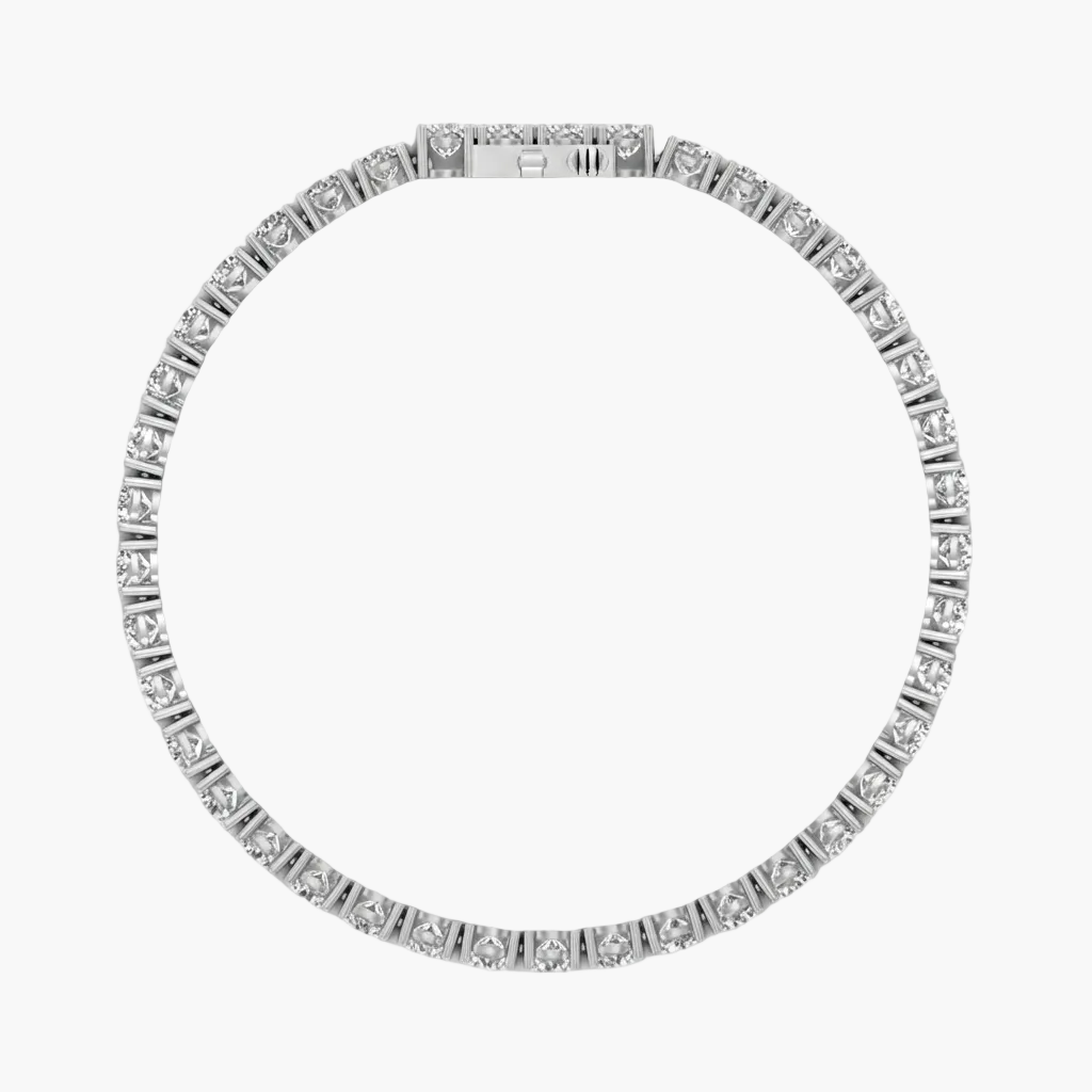 A silver-toned diamond tennis necklace arranged in a circular shape against a plain white background.