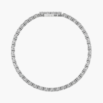 A silver-toned diamond tennis necklace arranged in a circular shape against a plain white background.