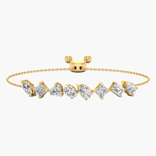 Gold bracelet with heart-shaped diamond charms on a white background