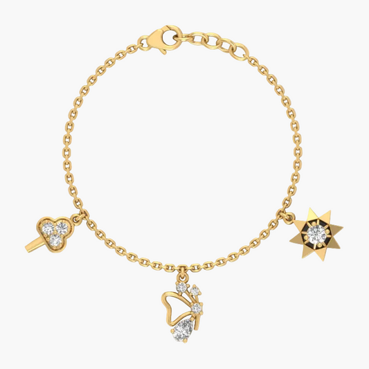 Gold bracelet with heart, star, and butterfly charms on a white background